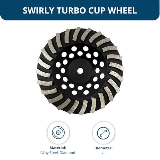 Benchmark Abrasives 7 Inch Concrete Grinding Wheel Threaded Swirly Turbo Diamond Cup Wheel with 5/8"-11 Arbor Hole for Masonry, Marble, Natural Stone, Concrete - Angle Grinder Attachments (7”)