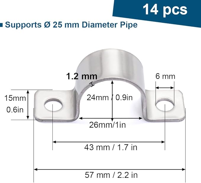 1 Inch Stainless Steel Conduit Clamps Two Hole Pipe Clamps U Bracket Conduit Fixing Clips, Universal Clamp for Cylindrical Components - Fits OD 25 mm (Approx.1") | 14 Pcs