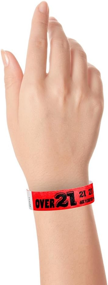 500 WristCo Over 21 Neon Red Tyvek Wristbands for Events - ¾” x 10” - Waterproof Recyclable Comfortable Tear Resistant Paper Bracelets Wrist Bands for Concerts Festivals Admission Party