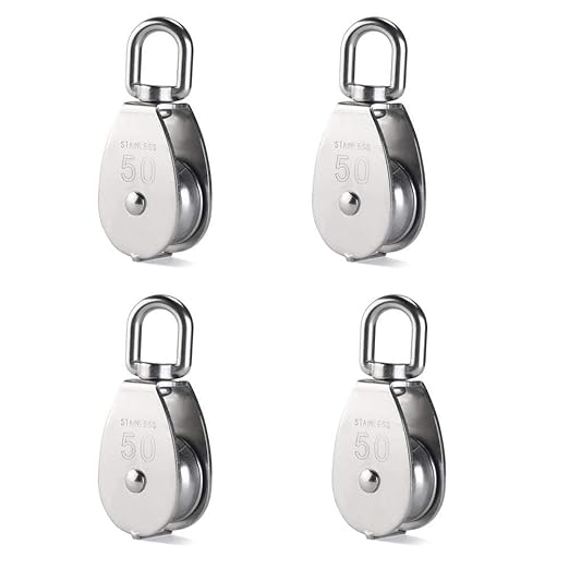Rocaris 4 Pack M50 Single Pulley Snatch Block Lifting Crane Heavy Duty Swivel Hook 304 Stainless Steel, 3/8" Rope x 2" Sheave, 880lbs Load