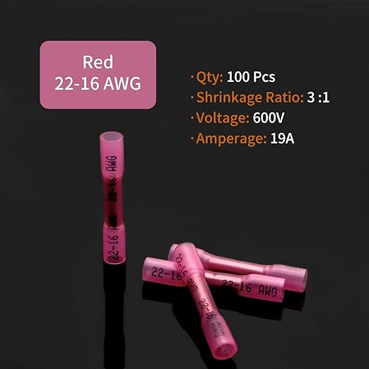 22-16 AWG Heat Shrink Butt Connectors - 100Pcs Red Crimp Waterproof Electrical Cable Wire Connector Speaker Automotive Marine Grade Wire Crimp Terminals Insulated Butt Splices
