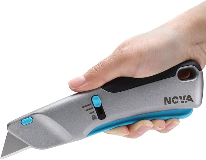 Nova Squeeze Trigger Utility Knife and Heavy Duty Box Cutter, Self Retractable Safety Knife, Ergonomic Aluminum Body, Safety-Lock Design, Durable and Safe