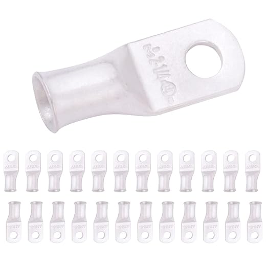 SELTERM 25pcs 2 AWG 1/4" Stud Marine Grade Tinned Copper Battery Cable Lugs, 2 Gauge Ring Terminals, UL Wire Lugs Electrical Battery Cable Ends, Tinned Copper Lugs Battery Terminal Connectors