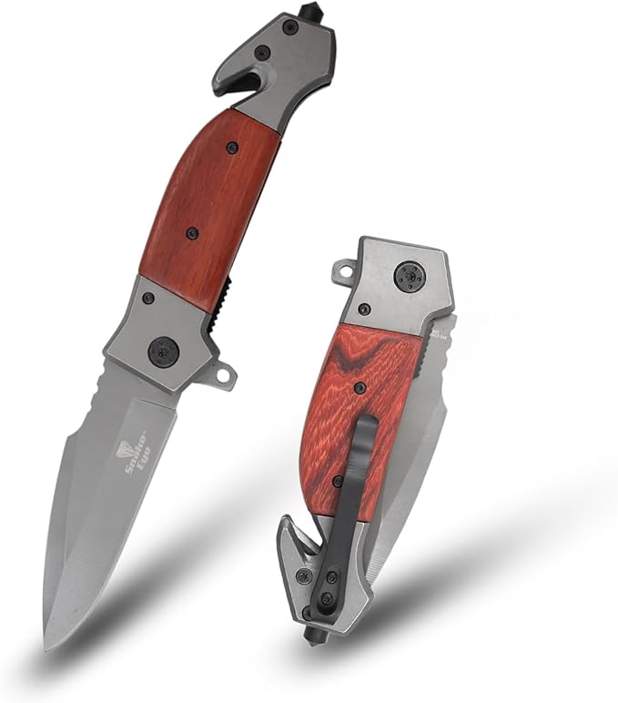 Snake Eye Tactical Rescue Style Every Day Cary Hunting, Camping Folding Pocket-Folding Wood Handle EDC Knife 1019WD