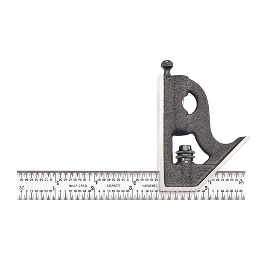 Starrett Steel Combination Square with Square Head - 6" Blade Length, Cast Iron Head, Hardened Steel, Reversible Lock Bolt, Scriber, 4R Graduation Type - C11H-6-4R