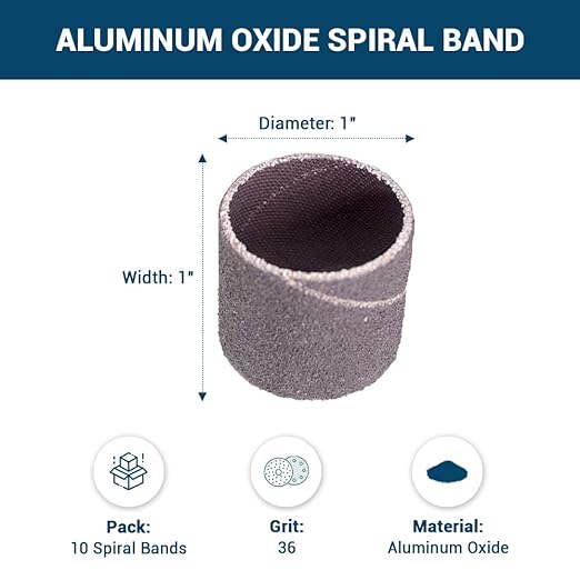 Benchmark Abrasives 1" x 1" Aluminum Oxide Abrasive Spiral Bands for Rotary Tools, Drum Sleeves for Sanding Deburring Blending Polishing on Metals Plastic Wood Rubber (10 Pack) - 36 Grit
