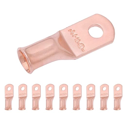 SELTERM 10pcs 4 AWG - #10 Stud - Battery Lugs, Heavy Duty Wire Lugs, Ring Terminals, Battery Cable Ends,4 Guage Terminals, UL Bare Copper Eyelets Electrical Battery Terminal Connectors