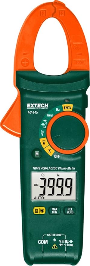 Extech MA445 400A True RMS AC/DC Clamp Meter with NCV Detector, 1.2" Jaw Opening, Backlit Dual Display, 40,000 Count Multimeter, Inrush Current, Frequency, Duty Cycle, Diode & Continuity Tester