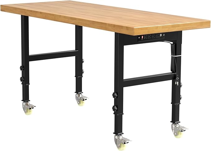 60” Heavy-Duty Solid Wood Work Bench Work Table with Wheels, Adjustable Height Portable Workbench with Power Outlets, 3000 Lbs Capacity Workstation for Garage, Workshop