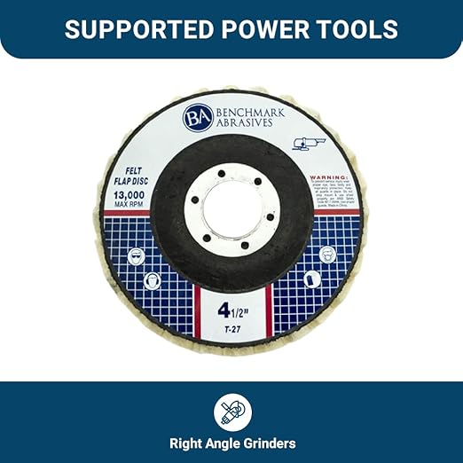 Benchmark Abrasives 4-1/2" x 7/8" Felt Polishing & Buffing Flap Discs for Polishing Stainless Steel Aluminum Fiberglass Plastic Metals, Use with Angle Grinder (5 Pack)