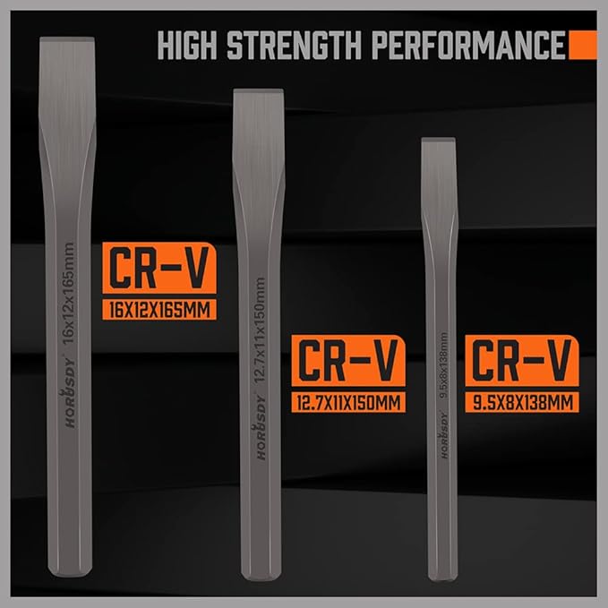 HORUSDY 3-Piece Heavy-Duty Cold Chisel Set, 3/8", 1/2", 5/8" Metal Chisels, Drop-Forged Cr-V Steel for Woodworking, Metalworking, Masonry & Carpentry