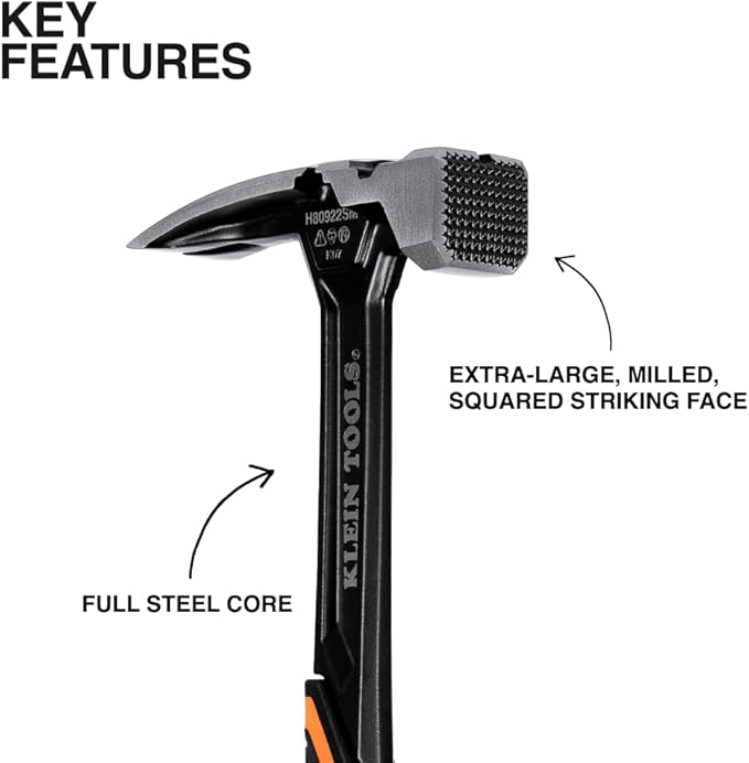 Klein Tools H80922SM Milled Face Framing Hammer with Straight Claw, 22-Ounce Forged Steel, Magnetic Nail Starter and Extra-Large Squared Strike Face