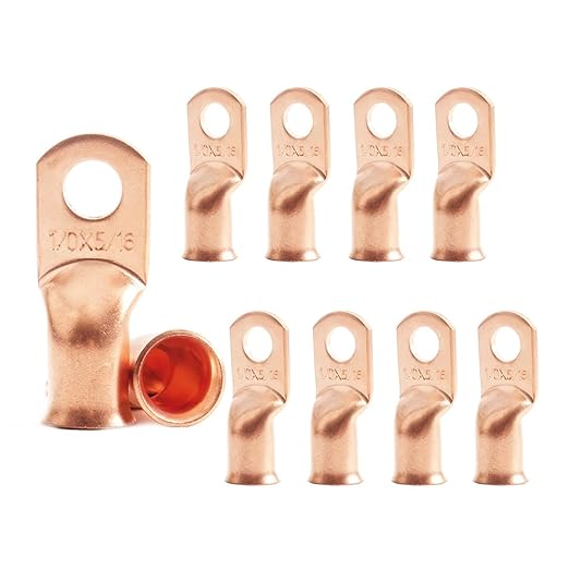 1/0 AWG 5/16" Stud (10 pcs.), Heavy Duty Battery Ring Terminal, 0 Gauge Connectors, Copper Wire Lugs, Copper Ring Terminals, Battery Cable Ends, Bare Copper Eyelets, Tubular Ring Terminal Connectors