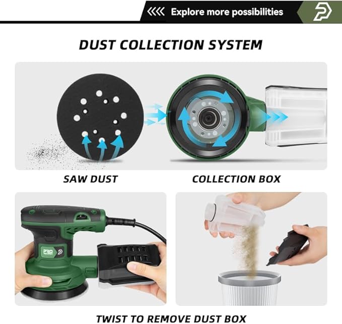 Prostormer 5-Inch Random Orbital Sander with 21PCS Sandpapers, 8000-13000RPM, 2.6AMP Palm Sander with 6 Variable Speeds, Dust Collection For Polishing, Sanding