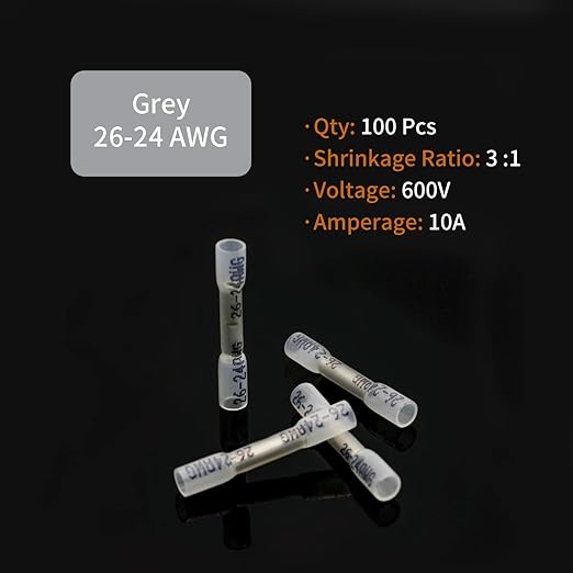 26-24 AWG Heat Shrink Butt Connectors - 100Pcs White Insulated Waterproof Electrical Marine Automotive Wire Splice Connector Crimp Wiring Terminals