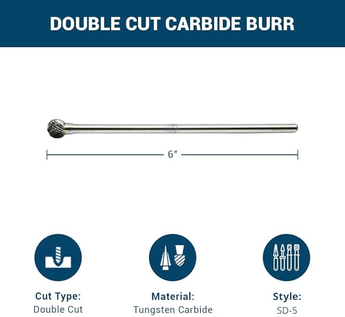 Benchmark Abrasives 6” Ball Shape Double Cut Tungsten Carbide Die Grinder Bits Metal Deburring Tool Rotary Burr, 1/4 Inch Shaft, Engraving Tool for Woodworking Shaping Carving (SD-5)