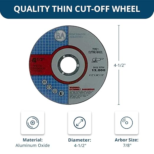 Benchmark Abrasives Grinder Cut Off Wheels 4 1/2 Inch Aluminum Oxide Thin Type 1 Angle Grinder Cutting Disc for Metal, Stainless Steel - with 7/8" Arbor Hole, Fast Grinder Cutting Wheel - 500 Count