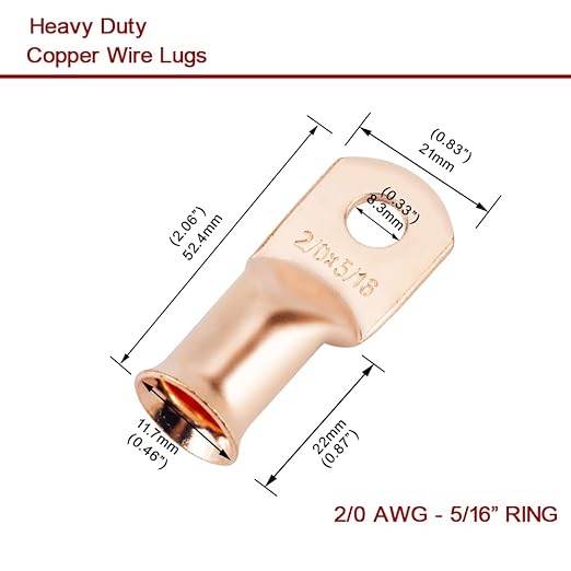 8Pcs 2/0 AWG 3/8" Stud and 8Pcs 2/0 AWG 5/16" Stud Heavy Duty Copper Wire Lugs with 16Pcs Heat Shrink Tubing, Ring Terminals, Battery Cable Ends, Bare Copper Eyelets