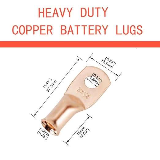 16Pcs 6 AWG 1/4" Stud Heavy Duty Copper Wire Lugs with 16Pcs Heat Shrink Tubing 6 Gauge Ring Terminals Battery Cable Ends Bare Copper Eyelets Tubular Ring Terminal for Car Boat Marine