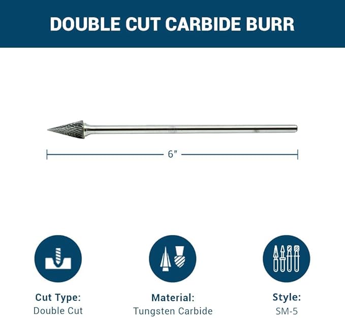 Benchmark Abrasives 6” Pointed Cone Shape Double Cut Tungsten Carbide Die Grinder Bits Metal Deburring Tool Rotary Burr, 1/4 Inch Shaft, Engraving Tool for Woodworking Shaping Carving (SM-5)