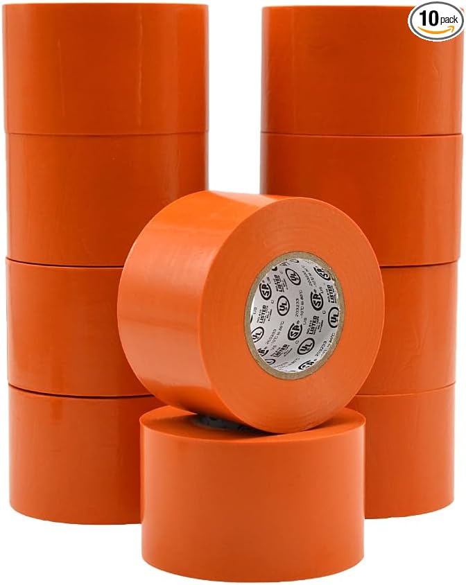 WOD ETC766 Professional Grade General Purpose Orange Electrical Tape UL/CSA Listed core. Vinyl Rubber Adhesive Electrical Tape: 2 inch X 66 ft. - Use at No More Than 600V & 176F (Pack of 10)