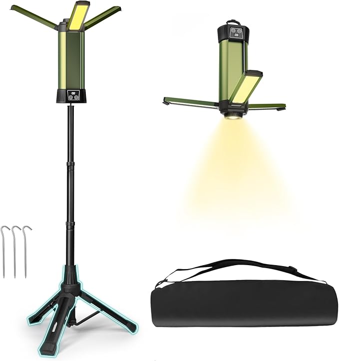 Rechargeable Camping Light with Stand 6000mAh 3.9 ft Max Height, Cordless Camping Lights with 3 LED Lamp Heads, 2000 Lumens Dimmable Magnetic Emergency Flashlight with Detachable Tripod(Green-M)