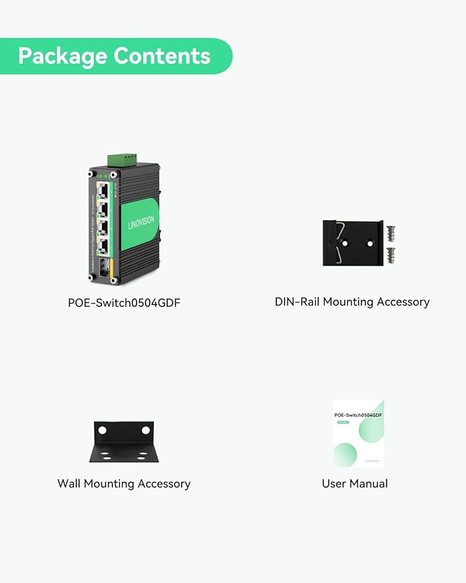 LINOVISION Industrial 4 Ports Gigabit Solar PoE Switch with DC9～57V Redundant Power Input, 12V PoE Switch with SFP Uplink, IEEE802.3af/at @120W, Compact PoE Power for Solar Power/RV Truck/VoIP Systems