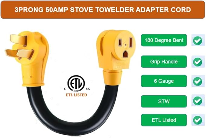 50A Welder Adapter Cord, NEMA 10-50P to 6-50R, 1ft Heavy Duty 8AWG STW for Plasma Cutters & Welders | 3-Prong Range/Stove to Welder Converter | Heat-Resistant, Ergonomic Grip