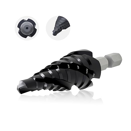 GSTK Pro Max 1/4" - 3/4" Four Spiral Flute Cobalt Step Drill Bit, Impact Ready, for Metal, Stainless Steel, Aluminum, Wood, Plastic with 1/4" Hex Shank