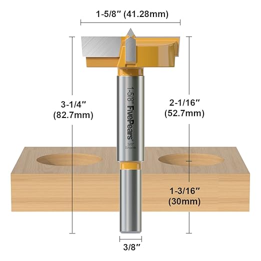 FivePears Forstner Drill Bit 3/8 inch Shank, 1-5/8 inch Cutting Diameter, Carbide Tipped Wood Hole Saw Auger Opener, Hole Opener Hinge Hole Cutter for Woodworking, Plastic, Plywood Products