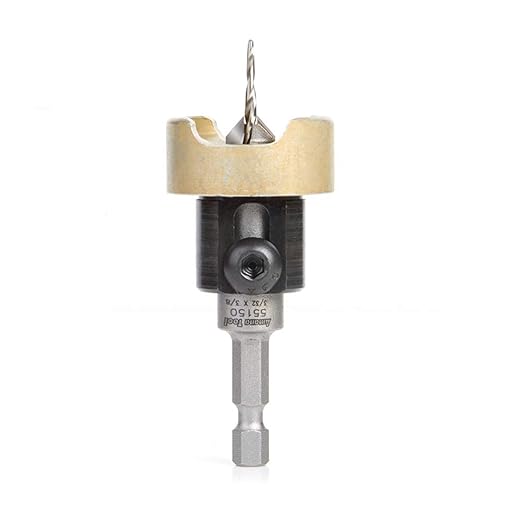 Amana Tool 55150 Carbide Tipped 82 Degree Countersink with Tapered Drill and Adjustable Depth Stop with No-Thrust BB 3/8 D x 3/32 Drill D x 1/4 Inch Quick Release Hex SHK