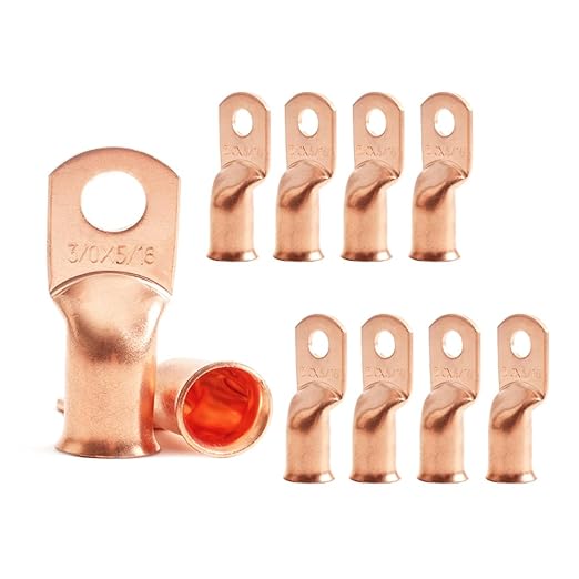 10Pcs 3/0 AWG 5/16" Stud Heavy Duty Copper Wire Lugs 3/0 Gauge Ring Terminals Battery Cable Ends Bare Copper Eyelets Tubular Ring Terminal for Car Boat Marine
