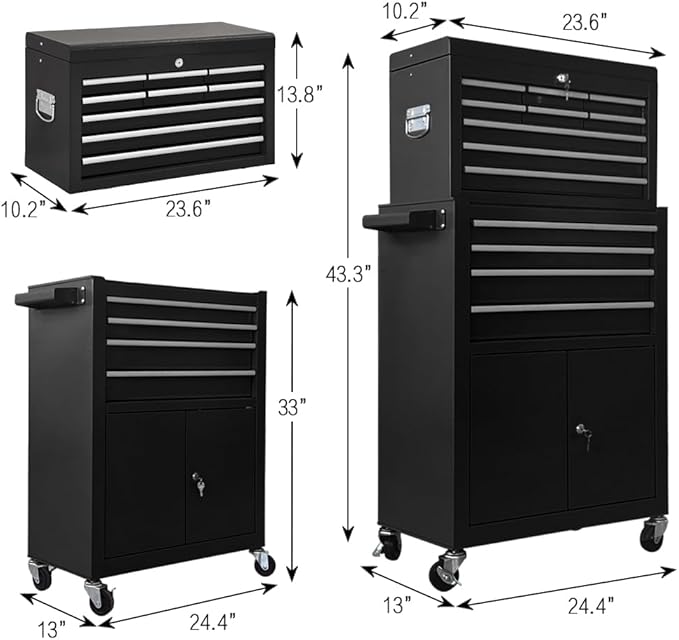 Tool Chest 13-Drawer with Double Door Handle,2 in 1 Detachable Rolling Tool Chests with Wheels and Drawers,Large Tool Box with Lock (Black)