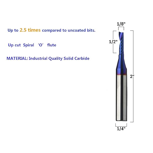 O Single Flute Upcut Spiral End Mill CNC Router Bit with NACO Coating for Plastic Cutting with Mirror Finish (1, 1/8 D x 1/2 CH x 1/4 SHK x 2L) UT188