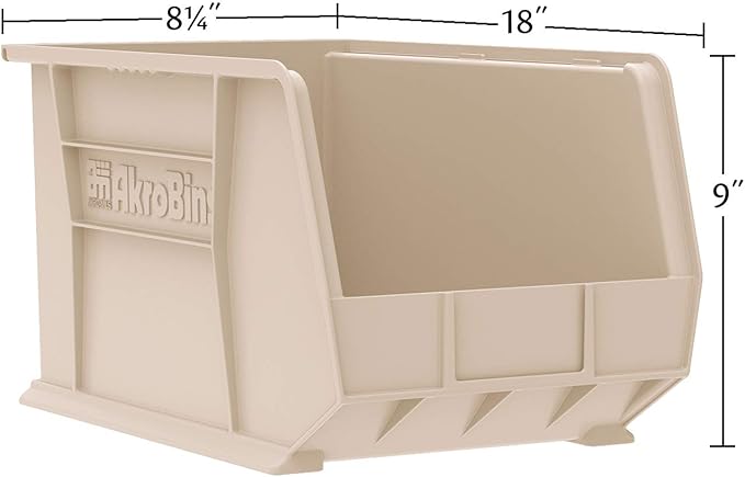 Akro-Mils 30265 AkroBins Plastic Storage Bins, Space-Saving Stackable Bins for Garage, Pantry, Craft Organization, 18-" x 8.25-" x 9-", Black, 6-Pack