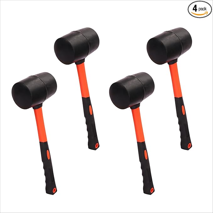4 PCS 12 OZ Rubber Mallet, Rubber Hammer Head, Rubber Mallet Set With Black-Yellow Fiberglass Handle Perfect For Wood, Metal, Plastic, Glass, And Ceramics. By GENHAKON