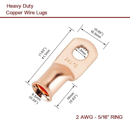 8Pcs 2 AWG 3/8" Stud and 8Pcs 2 AWG 5/16" Stud Heavy Duty Copper Wire Lugs with 16Pcs Heat Shrink Tubing 2 Gauge Ring Terminals 2 AWG Battery Cable Ends Bare Copper Eyelets