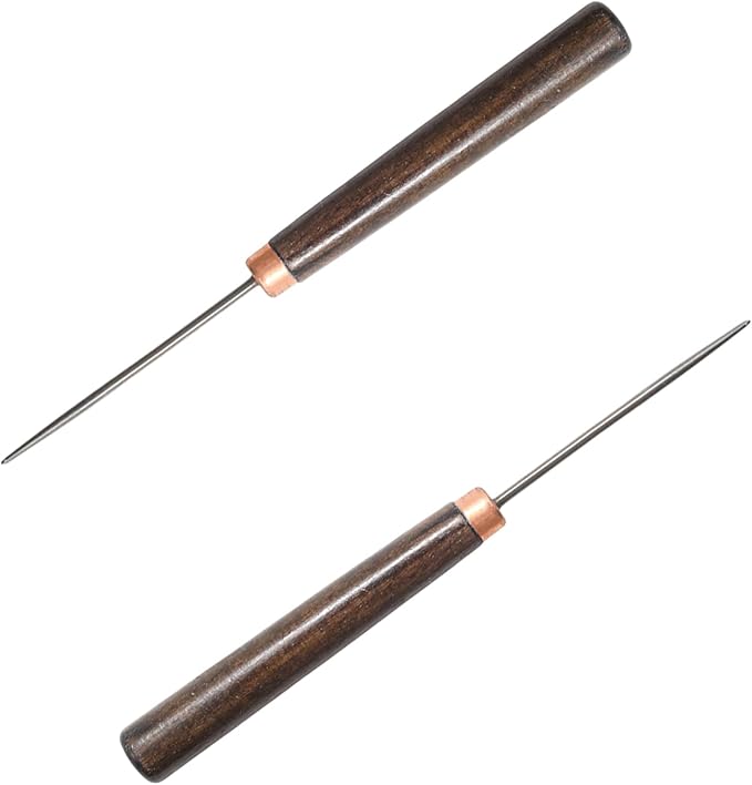 Yinluluna 2Pcs Scratch Awl Tool, Wooden Handle Slender Awl for Leather Craft Repair, Punching Stitching and Sewing