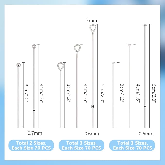 PH PandaHall 560pcs 8 Styles 304 Stainless Steel Eye Pins 30mm 40mm 50mm Head - Image 2