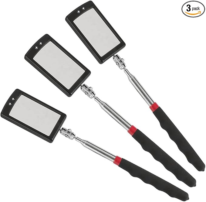Telescoping Inspection Mirror Mechanics Mirror with 2 LED Lighted, Mirror on a Stick Handle Tool for Checking Observing Vehicle Small Parts,Present for Christmas, Birthday Everyday Carry (3 PCS)