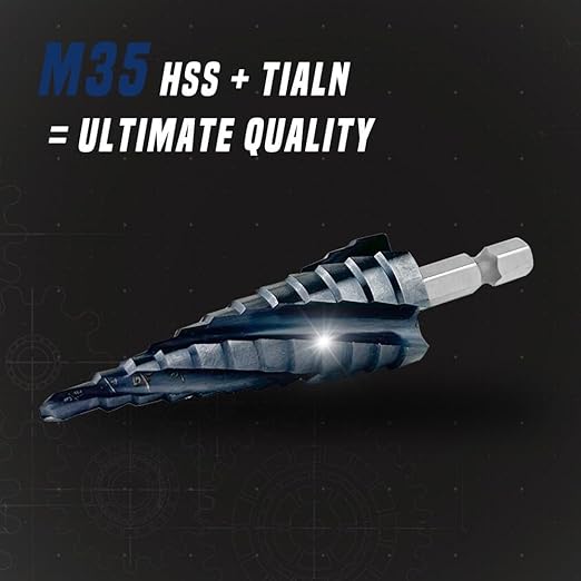 Four Spiral Flute Step Drill Bit, 3/16" - 7/8"(12 Sizes) 1/4" Hex Shank Cobalt Step Drill Bit Fully Coated with TiAlN for Metal, Stainless Steel, Aluminum, Plastic