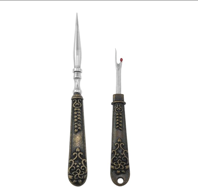 yyangz 1 Set Vintage Carving Awl Mini Seam Ripper Antique Brass Zinc Alloy Stainless Steel Hand Sewing Steel Needle Shoe Repair Punch Tool