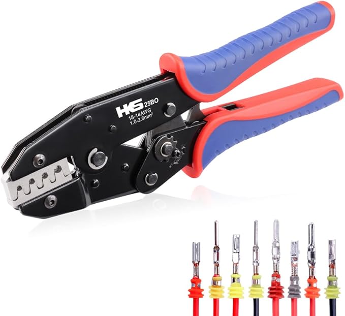 HKS Crimping Tool for Delphi APTIV Weather Pack Terminals or Metri-Pack Connectors - AWG 18-14 (1.0-2.5mm²) with Chrome-Moly Steel Wire Cutting Jaw - One Cycle Cord & Seal Crimper 25BO