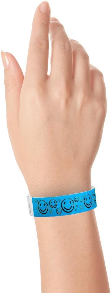 500 WristCo Neon Blue Smiley Face Tyvek Wristbands for Events - ¾” x 10” - Waterproof Recyclable Comfortable Tear Resistant Paper Bracelets Wrist Bands for Concerts Festivals Admission Party