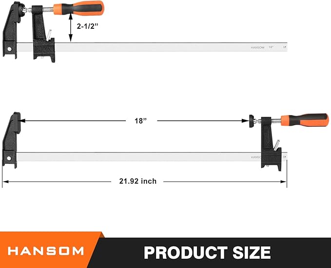 4-Pack 18 inch Long Bar Clamps, Heavy Duty, Force 600 Lbs, Adjustable and Quick Release, Woodworking Clamps, Throat Depth 2.5 inch with Plastic Handle