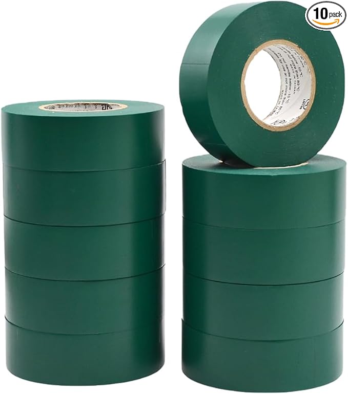 WOD ETC766 Professional Grade General Purpose Green Electrical Tape UL/CSA Listed core. Vinyl Rubber Adhesive Electrical Tape: 1 inch X 66 ft - Use at No More Than 600V & 176F (Pack of 10)