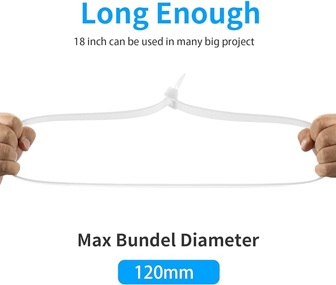 18 inch White Zip Ties Heavy Duty 100 PACK, 200 LBS Ultra Exclusive Strong Plastic Wire Ties, Large Cable Ties Extra Long Tie Wraps, Indoor and Outdoor UV Resistant