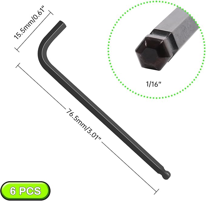 1/16" Ball End Hex Key Set, 6pcs L-Shaped Allen Wrenches Long Arm,CR-V Steel, Black Oxide Finish, High Torque Repairing Tool for Furniture, Bike, Equipment Maintenance