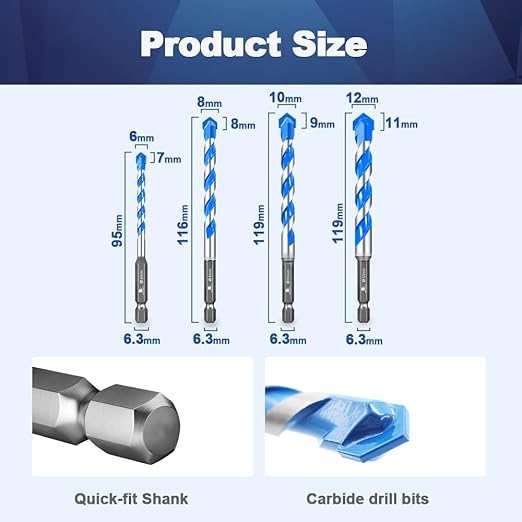 Carbide Drill Bit Set - Dry Drill Bit Set for Masonry, Concrete, Bricks, Wood, Plastic etc(6 * 5/8 * 2/10 * 2/12MM Quick-fit Shank)