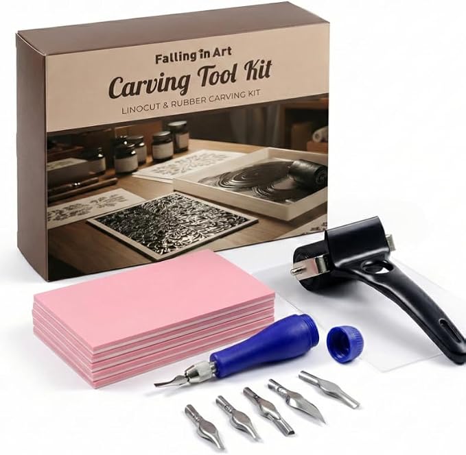 Falling in Art Linocut Kit for Printmaking, Rubber Stamp Carving Printing Kit by FallinginArt